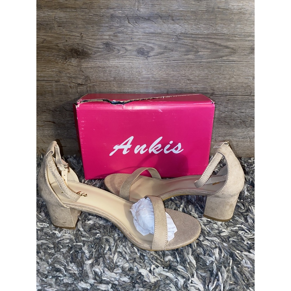 NIB Ankis Nude Heels Open Toe Ankle‎ Strap, Chunky, sz 9